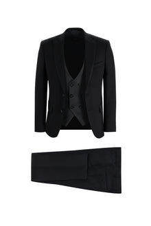 Siyah Slim Fit Dar Kesim Sivri Yaka Yelekli Smokin & Damatlık