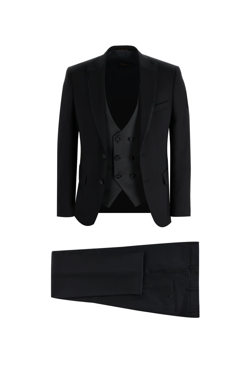 Siyah Slim Fit Dar Kesim Sivri Yaka Yelekli Smokin & Damatlık