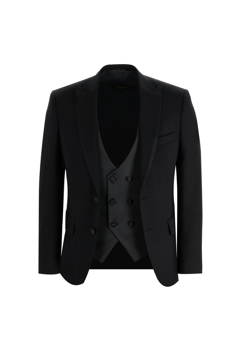 Siyah Slim Fit Dar Kesim Sivri Yaka Yelekli Smokin & Damatlık