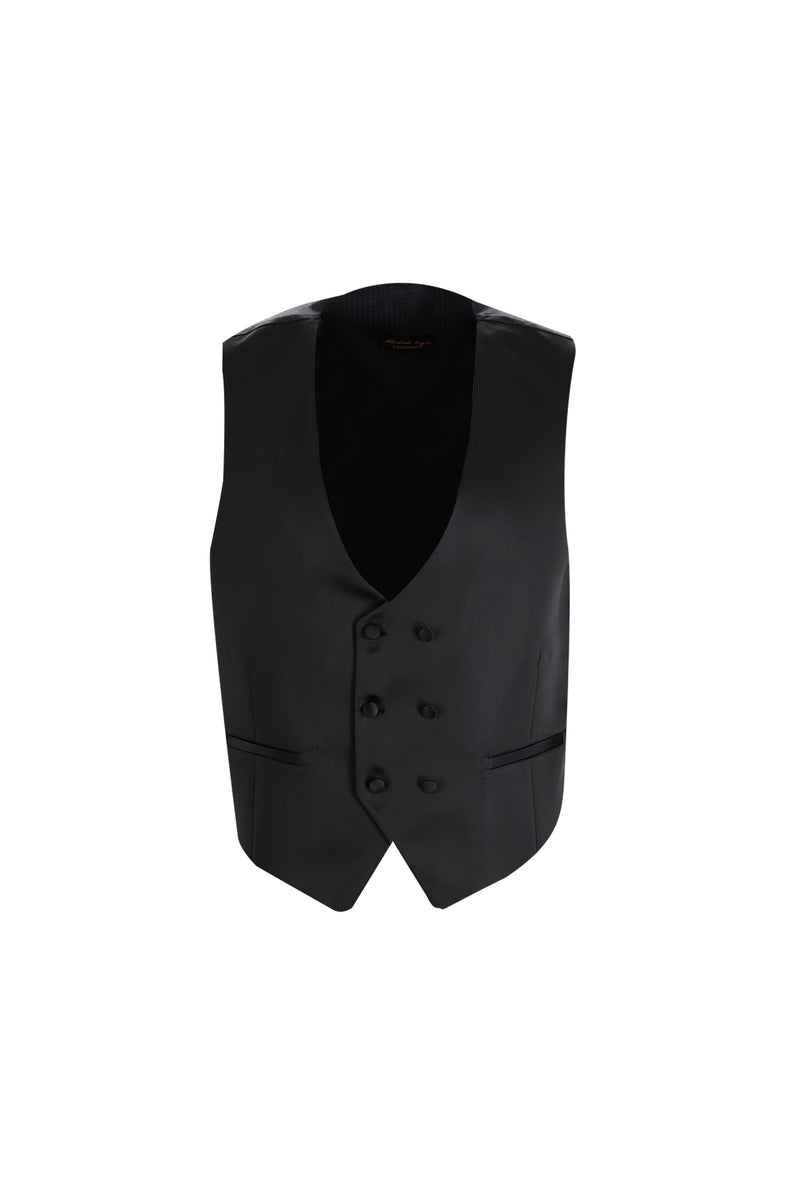 Siyah Slim Fit Dar Kesim Sivri Yaka Yelekli Smokin & Damatlık