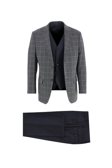 Koyu Lacivert Relaxed Fit Rahat Kesim Kombinli Desenli Takım Elbise