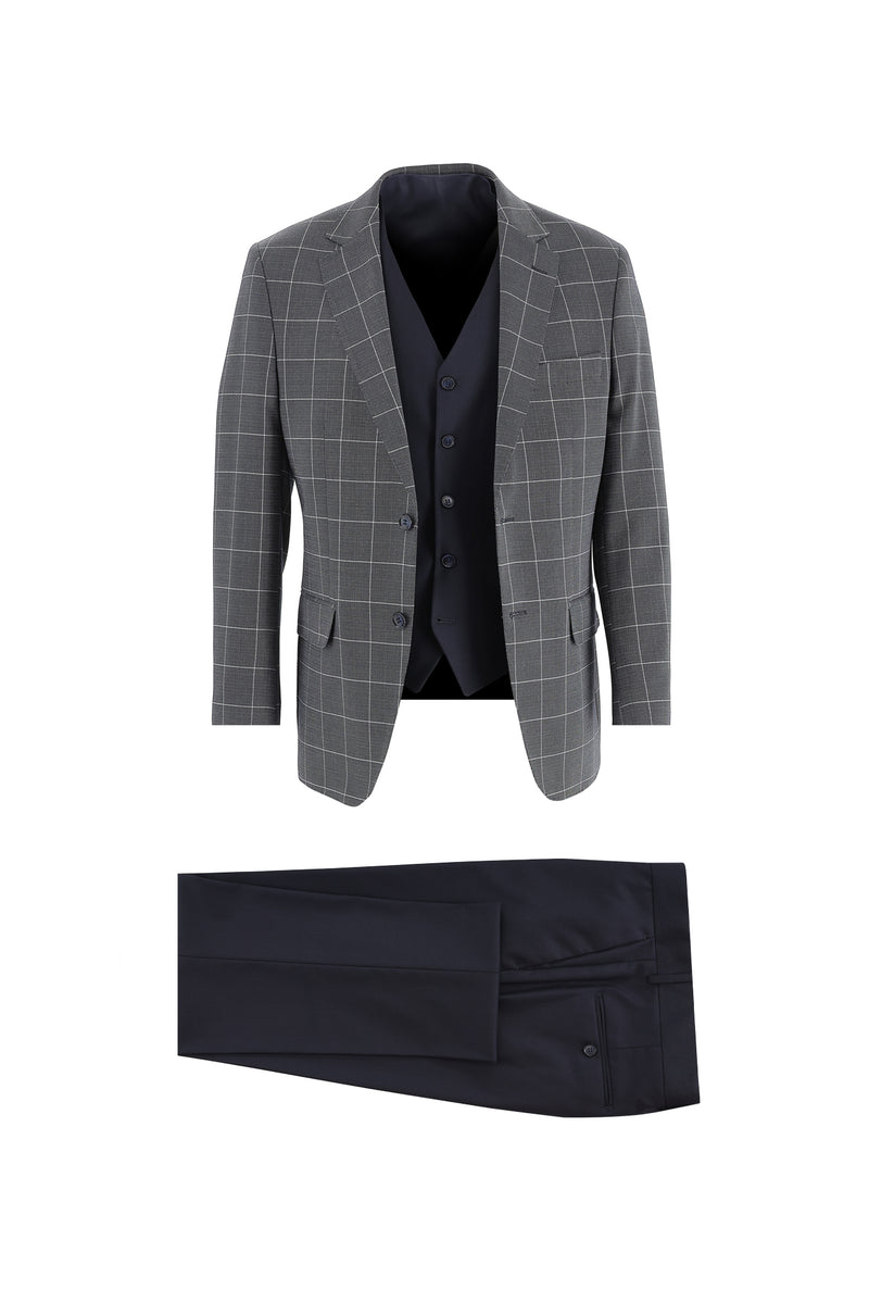 Koyu Lacivert Relaxed Fit Rahat Kesim Kombinli Desenli Takım Elbise