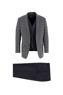 Koyu Lacivert Slim Fit Dar Kesim Kombinli Yelekli Desenli Takım Elbise