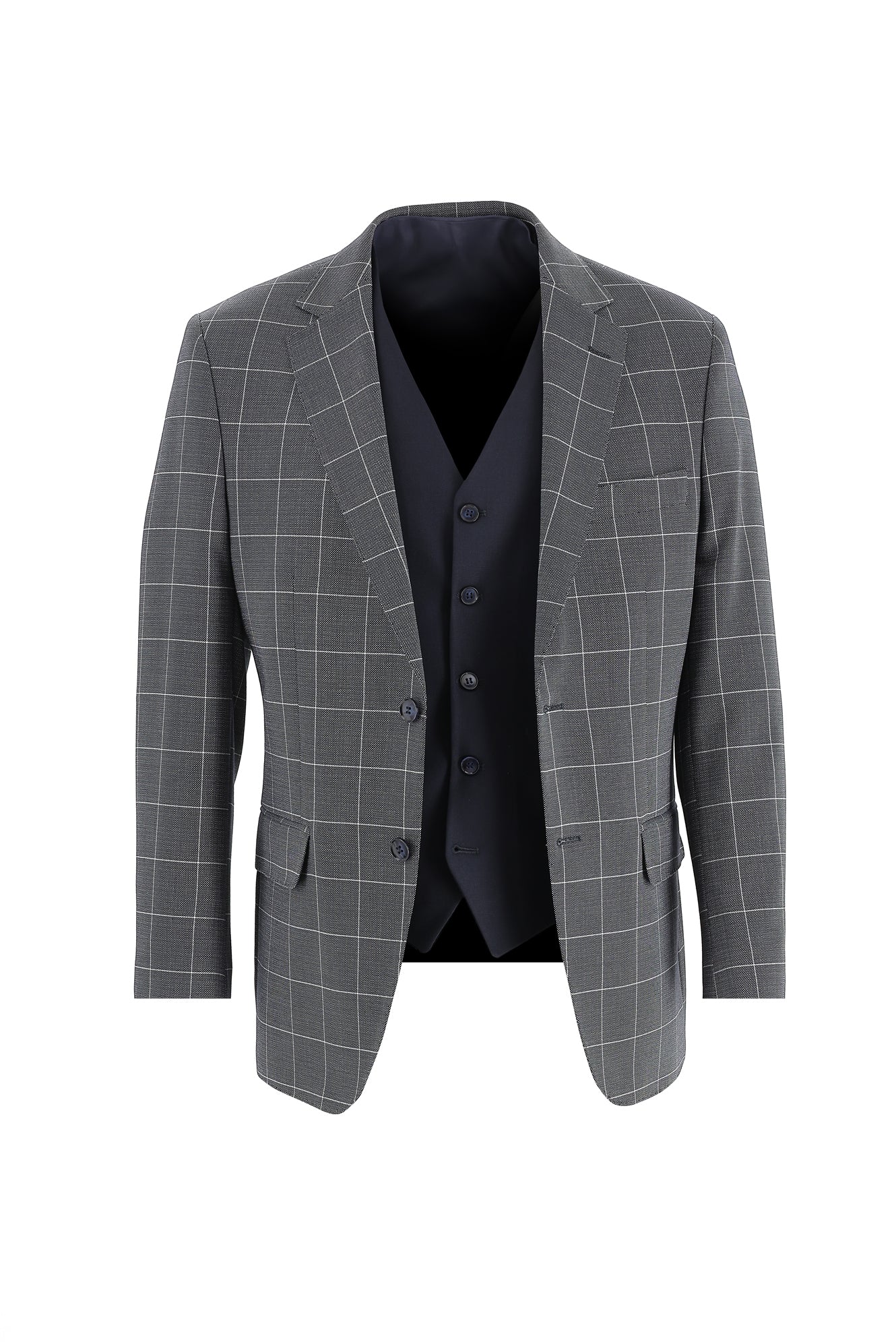 Koyu Lacivert Slim Fit Dar Kesim Kombinli Yelekli Desenli Takım Elbise