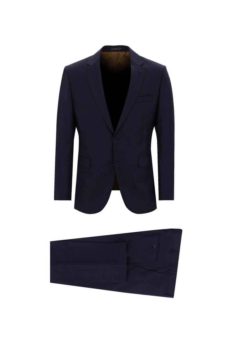Orta Lacivert 7 Drop Slim Fit Dar Kesim Yünlü Desenli Tak?m Elbise-Abdullah Ki??l?