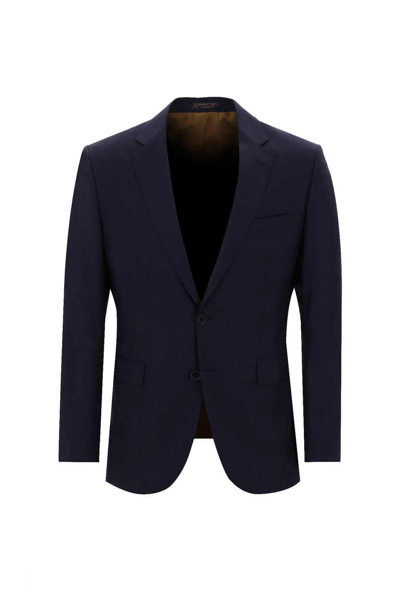 Orta Lacivert Slim Fit Dar Kesim Yünlü Klasik Desenli Takım Elbise