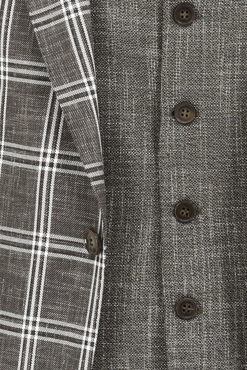 Acı Kahve Relaxed Fit Rahat Kesim Kombinli Yelekli Ekose Keten Takım Elbise