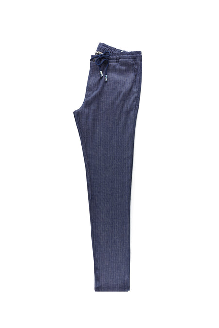 Koyu Lacivert Slim Fit Dar Kesim Beli Lastikli İpli Çizgili Pantolon