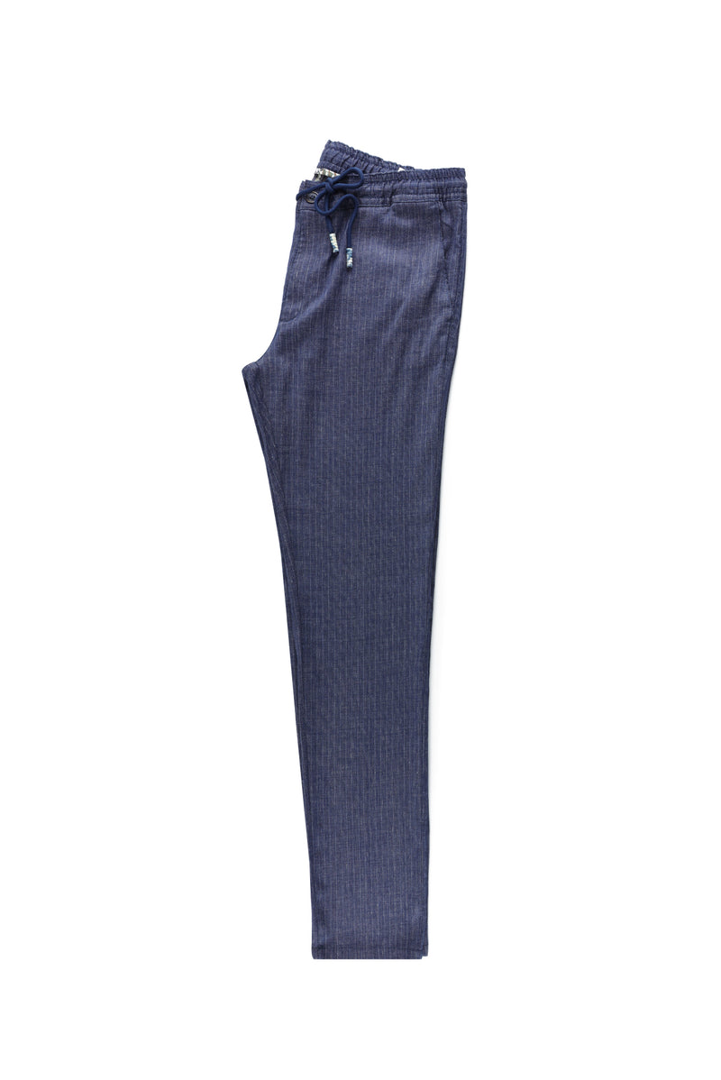 Koyu Lacivert Slim Fit Dar Kesim Beli Lastikli İpli Çizgili Pantolon