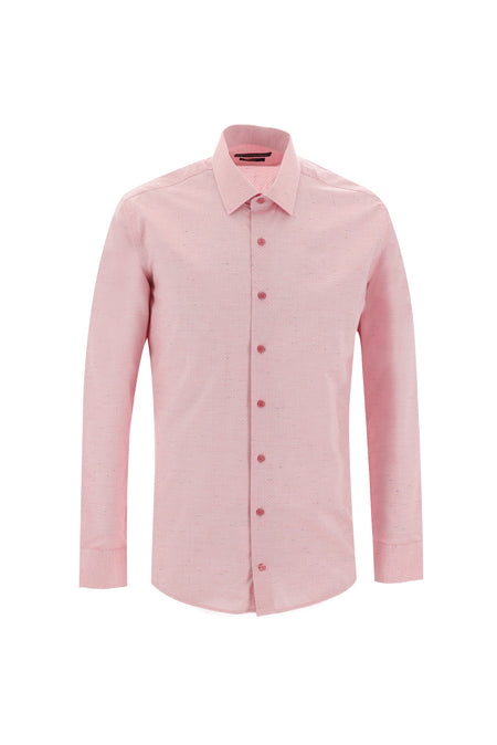 Orta Pembe Uzun Kol Slim Fit Dar Kesim Desenli Pamuk Gömlek-Abdullah Ki??l?