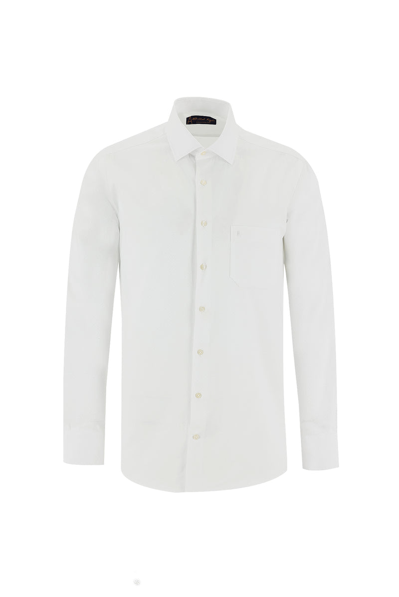 Beyaz Uzun Kol Regular Fit Spor Desenli Pamuk Gömlek