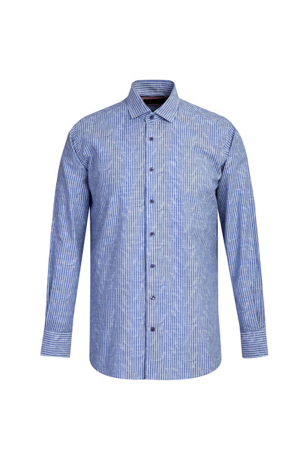 Koyu Mavi  Uzun Kol Regular Fit Çizgili Pamuk Gömlek