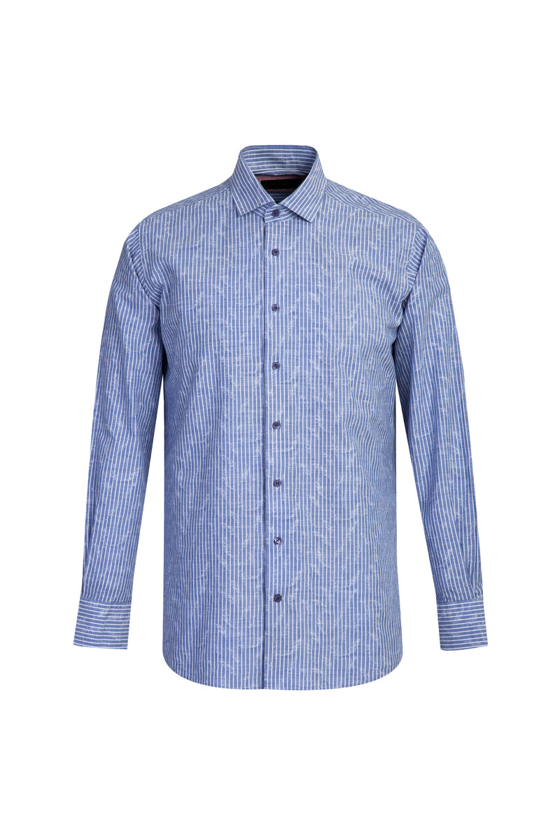 Koyu Mavi  Uzun Kol Regular Fit Çizgili Pamuk Gömlek