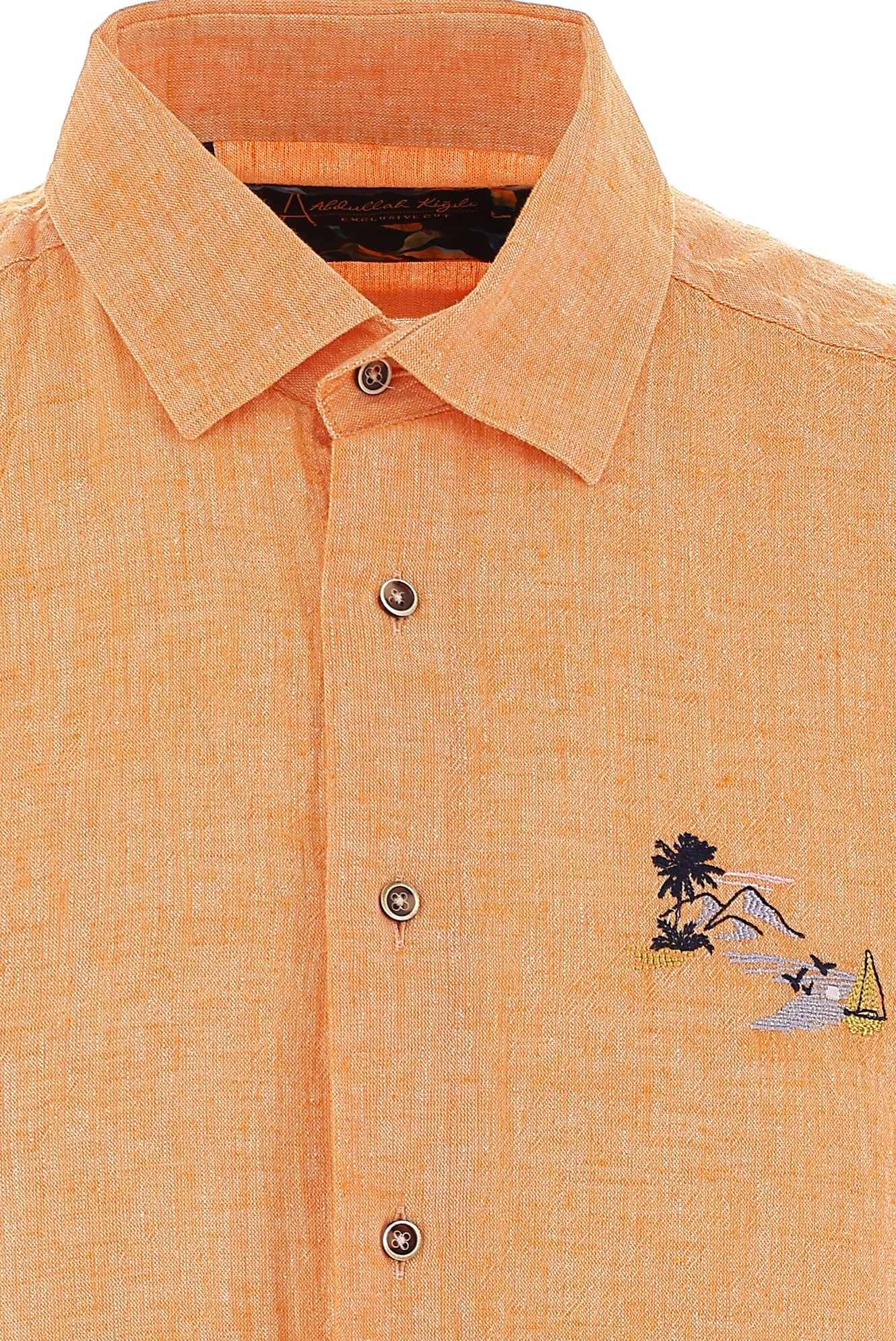 Açık Turuncu Kısa Kol Regular Fit Keten Gömlek