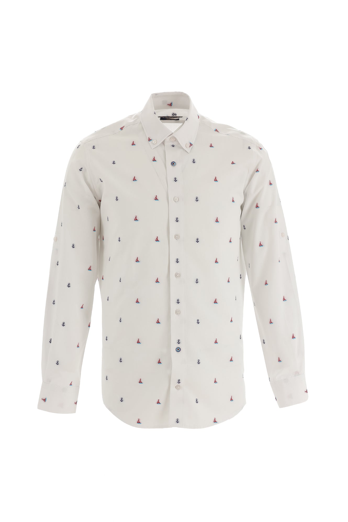 Beyaz Uzun Kol Regular Fit Desenli Pamuk Gömlek