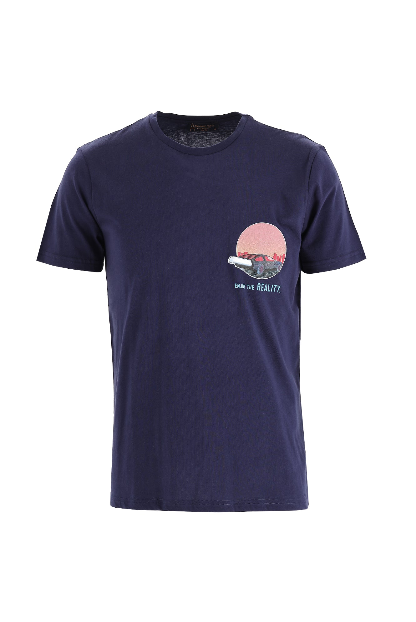 Orta Lacivert Bisiklet Yaka Slim Fit Dar Kesim Bask?l? Pamuk T-shirt-Abdullah Ki??l?