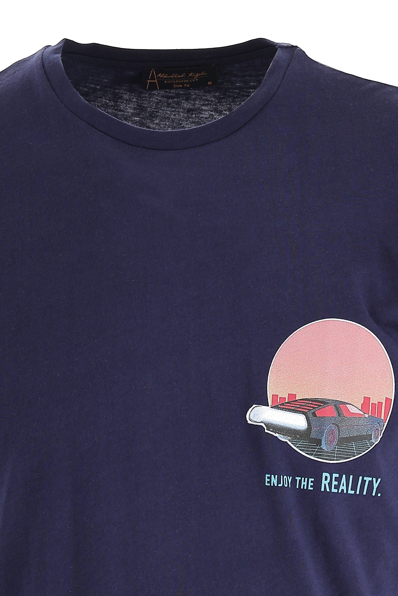 Orta Lacivert Bisiklet Yaka Slim Fit Dar Kesim Bask?l? Pamuk T-shirt-Abdullah Ki??l?