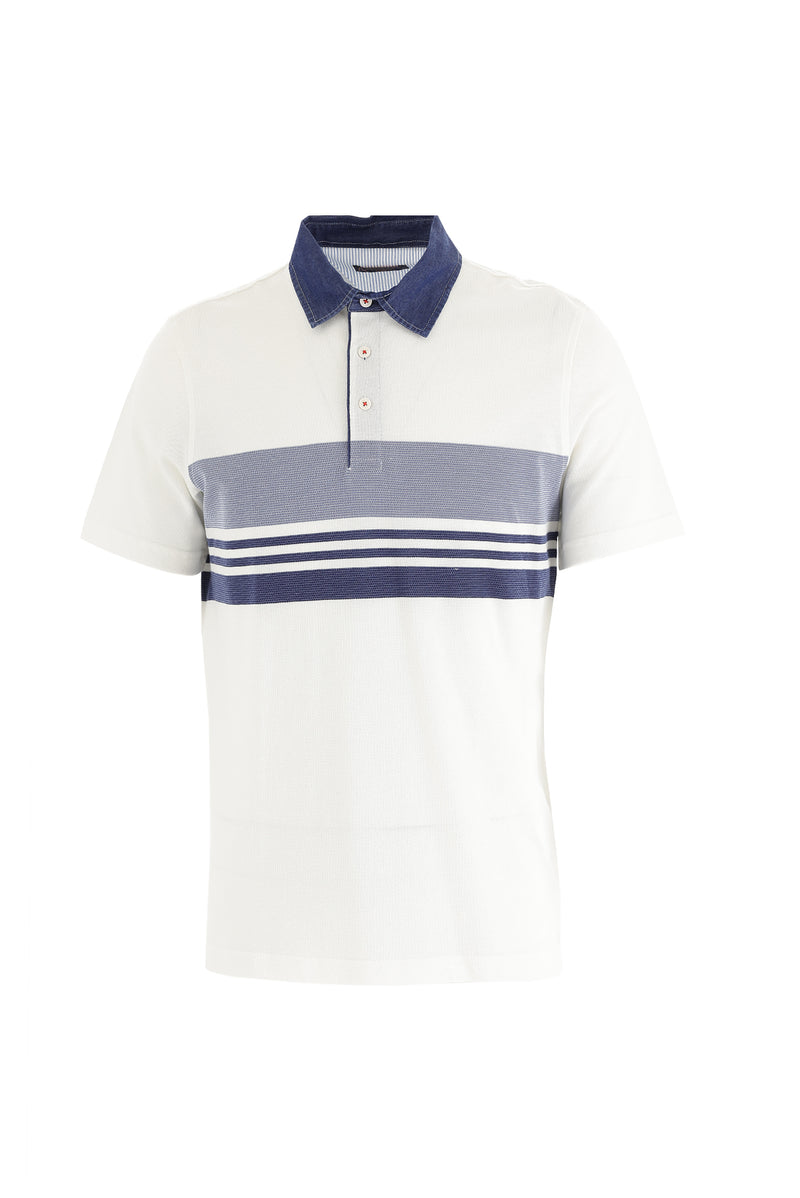 Beyaz Polo Yaka Regular Fit Desenli Pamuk T-shirt