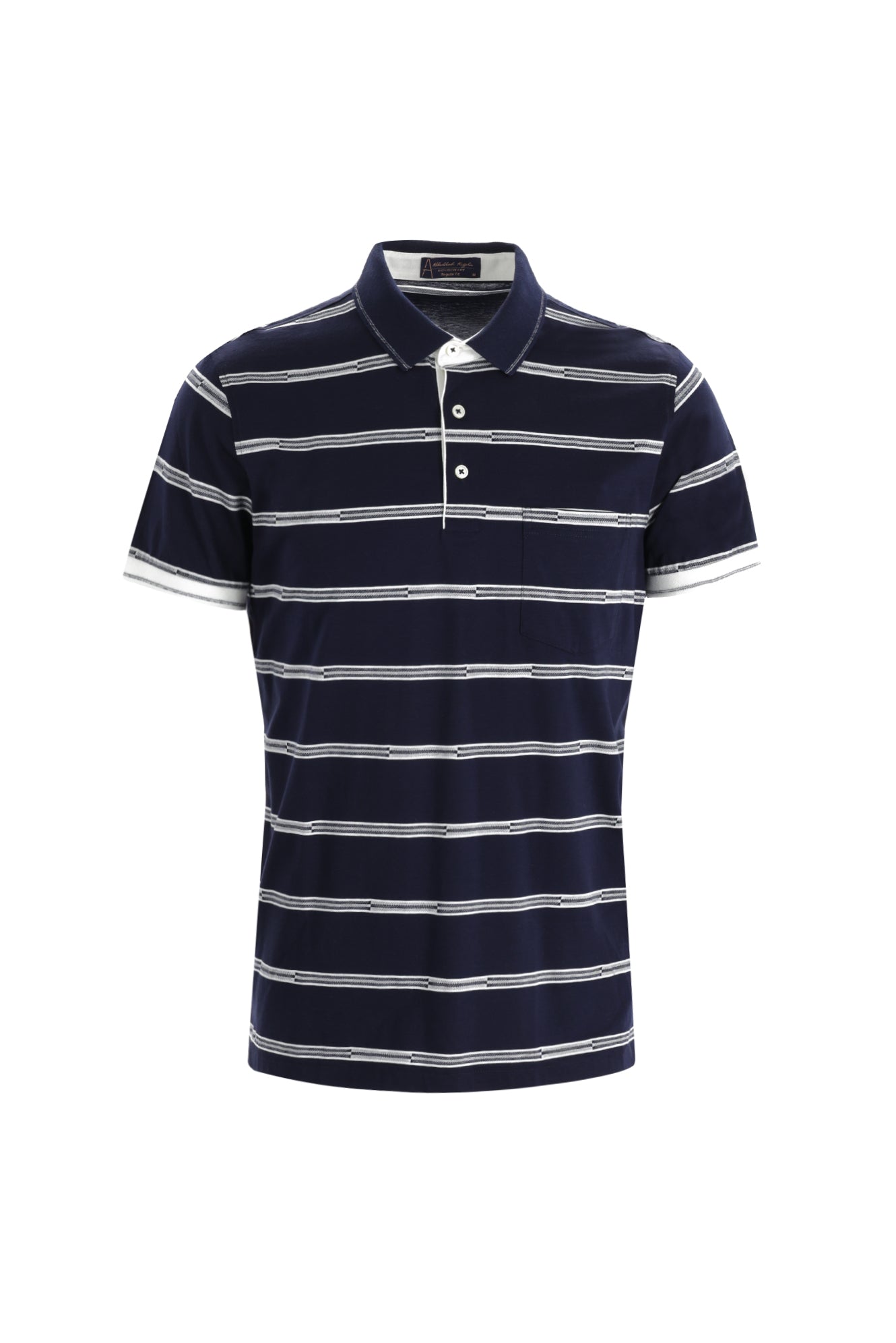 Orta Lacivert Polo Yaka Regular Fit Çizgili Pamuk T-shirt