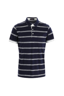 Orta Lacivert Polo Yaka Regular Fit Çizgili Pamuk T-shirt