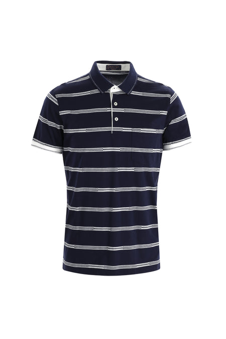 Orta Lacivert Polo Yaka Regular Fit Çizgili Pamuk T-shirt