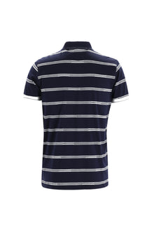 Orta Lacivert Polo Yaka Regular Fit Çizgili Pamuk T-shirt