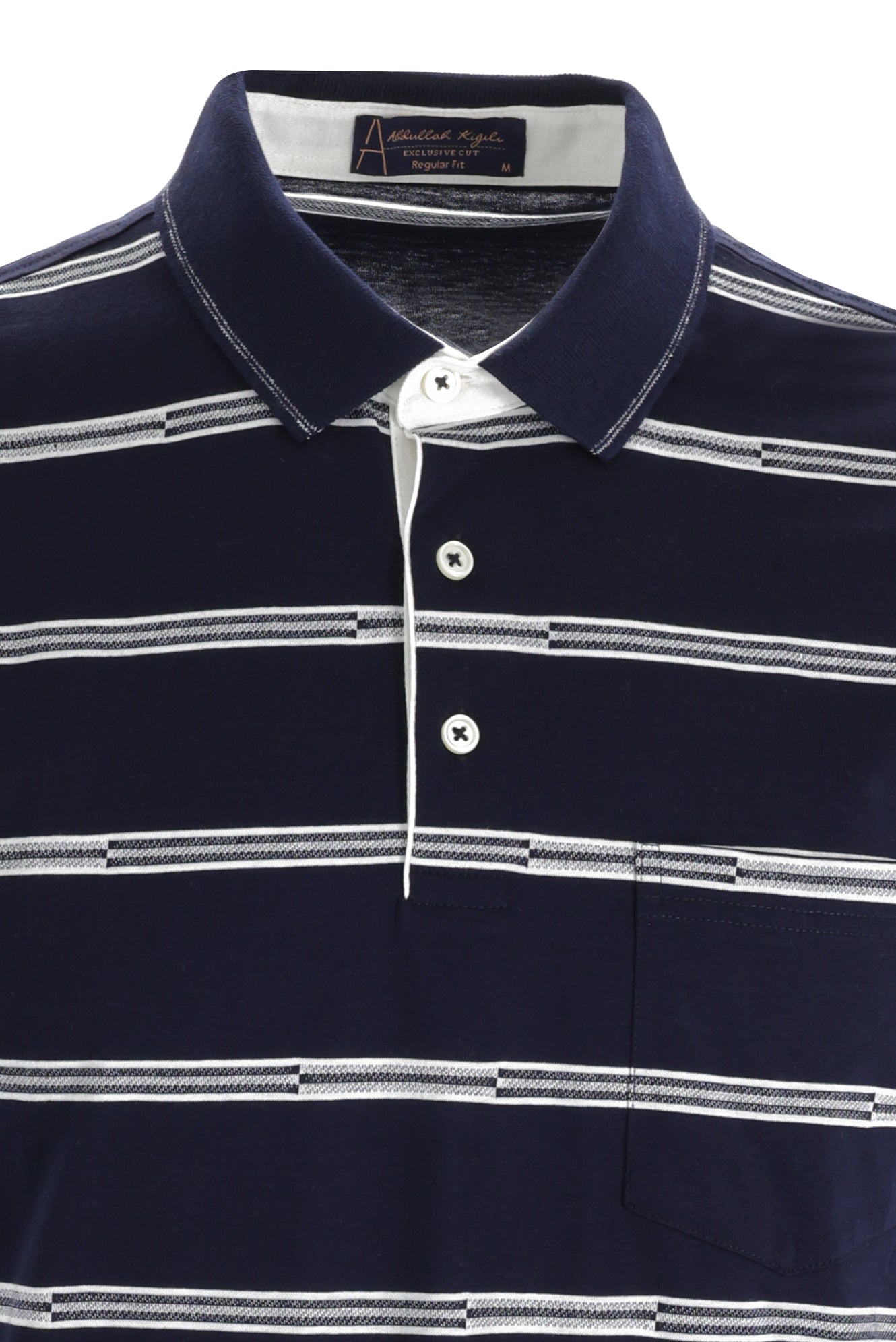 Orta Lacivert Polo Yaka Regular Fit Çizgili Pamuk T-shirt