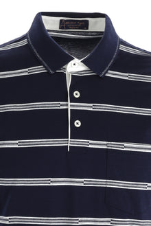 Orta Lacivert Polo Yaka Regular Fit Çizgili Pamuk T-shirt