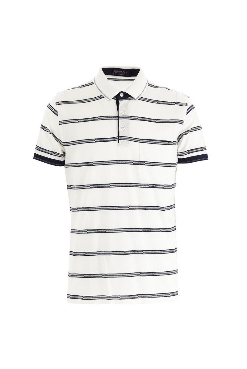 Beyaz Polo Yaka Regular Fit Çizgili Pamuk T-shirt