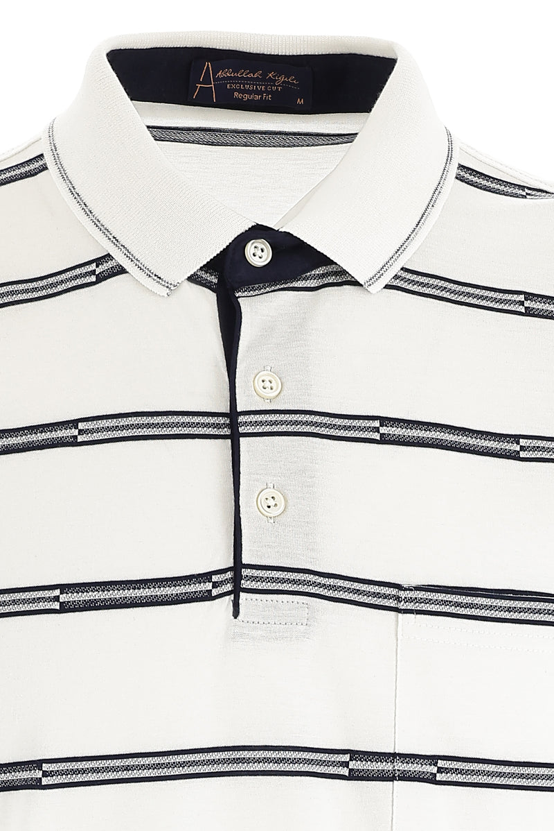 Beyaz Polo Yaka Regular Fit Çizgili Pamuk T-shirt