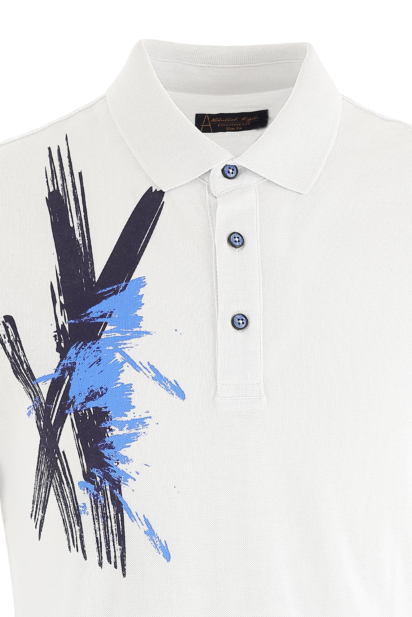 Beyaz Polo Yaka Slim Fit Dar Kesim Baskılı Pamuk T-shirt