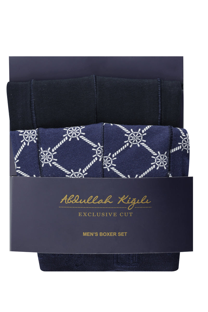 Koyu Lacivert 2'li Desenli Süprem Pamuklu Boxer Seti