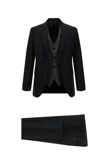 Siyah Slim Fit Dar Kesim Kombinli Yelekli Takım Elbise