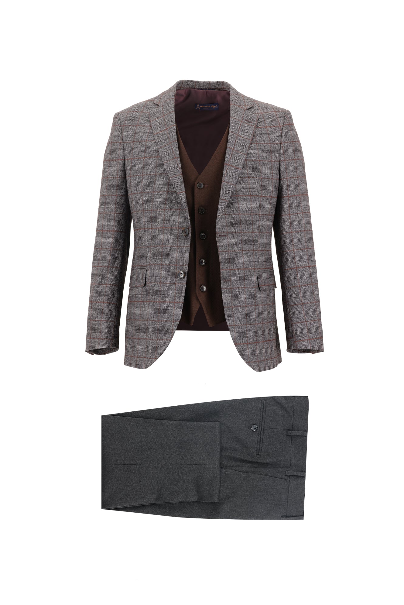 Orta Kahve 7 Drop Slim Fit Dar Kesim Kombinli Yelekli Ekose Tak?m Elbise-Abdullah Ki??l?