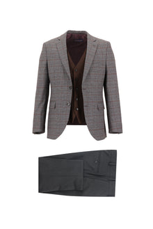 Orta Kahve 7 Drop Slim Fit Dar Kesim Kombinli Yelekli Ekose Tak?m Elbise-Abdullah Ki??l?