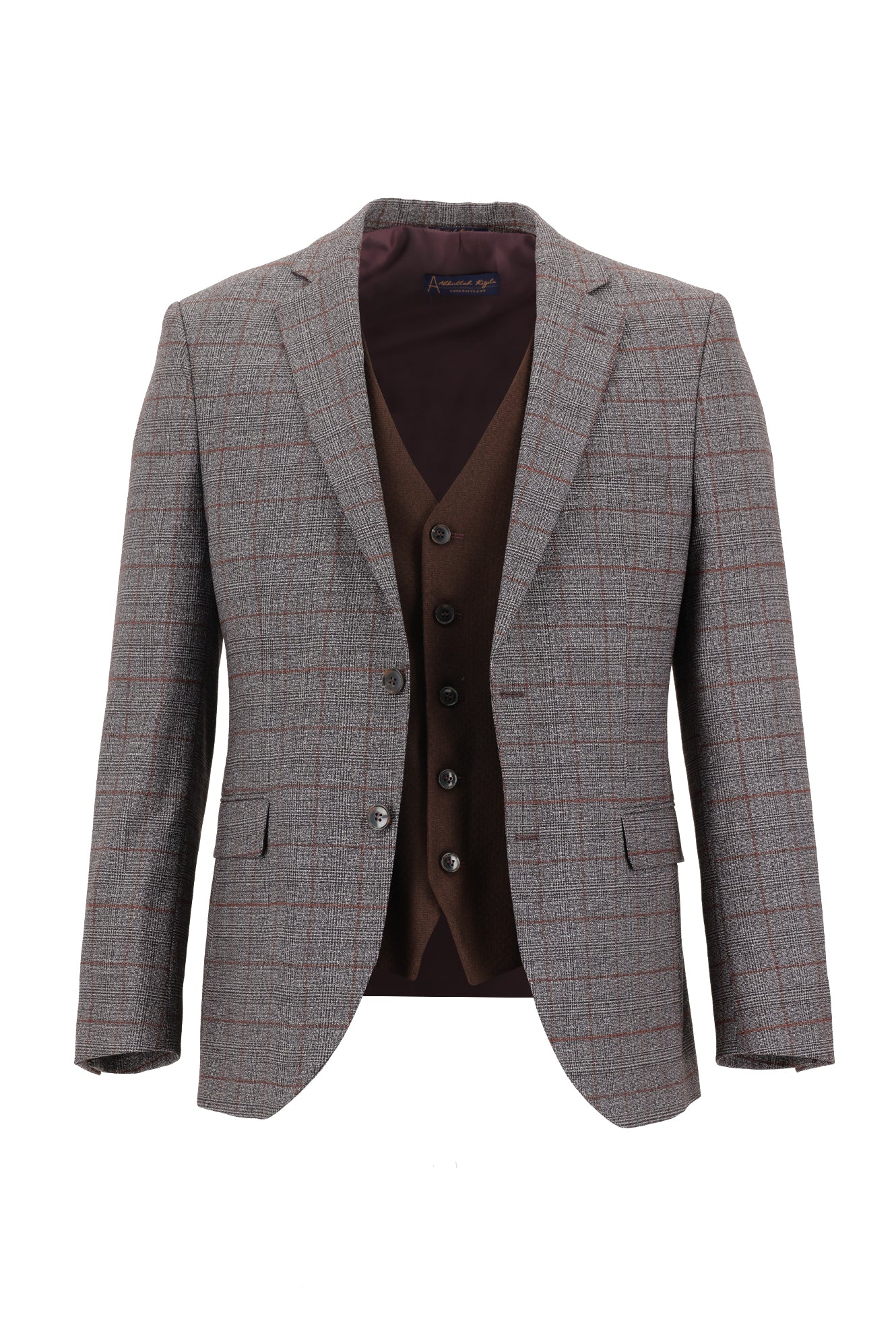 Orta Kahve 7 Drop Slim Fit Dar Kesim Kombinli Yelekli Ekose Tak?m Elbise-Abdullah Ki??l?
