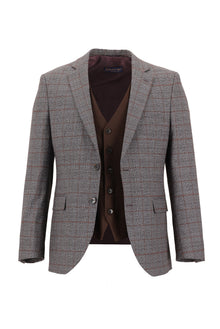 Orta Kahve 7 Drop Slim Fit Dar Kesim Kombinli Yelekli Ekose Tak?m Elbise-Abdullah Ki??l?