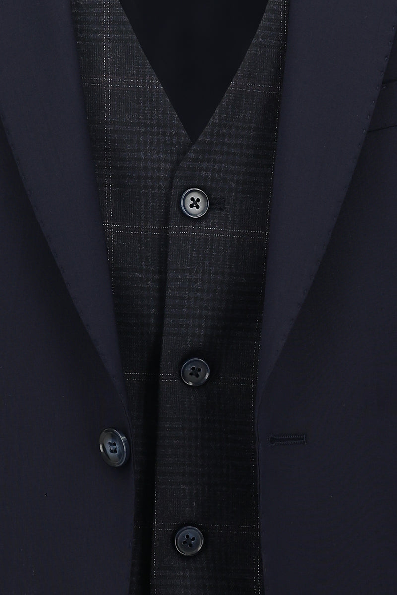 Koyu Lacivert Regular Fit Yünlü Kombinli Yelekli Takım Elbise