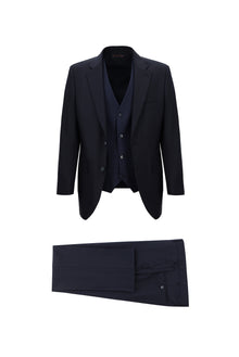 Koyu Lacivert Relaxed Fit Rahat Kesim Yünlü Kombinli Yelekli Takım Elbise