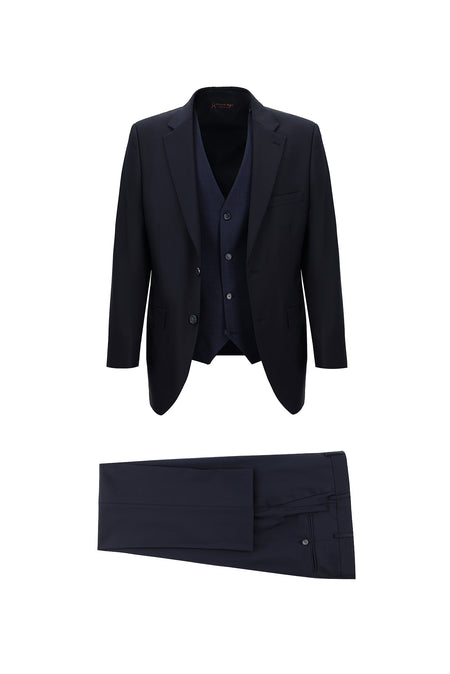 Koyu Lacivert Relaxed Fit Rahat Kesim Yünlü Kombinli Yelekli Takım Elbise