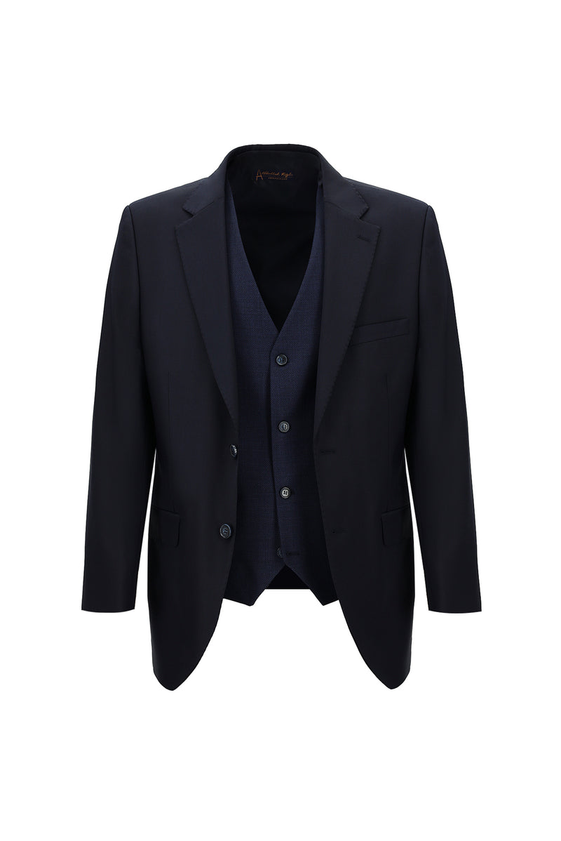 Koyu Lacivert Regular Fit Yünlü Kombinli Yelekli Takım Elbise