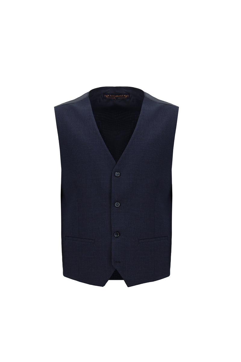 Koyu Lacivert Relaxed Fit Rahat Kesim Yünlü Kombinli Yelekli Takım Elbise