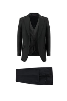 Koyu Antrasit Relaxed Fit Rahat Kesim Yünlü Kombinli Yelekli Takım Elbise