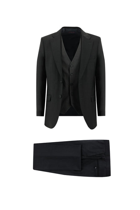 Koyu Antrasit Relaxed Fit Rahat Kesim Yünlü Kombinli Yelekli Takım Elbise