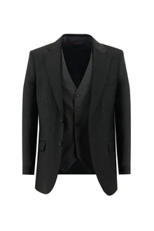 Koyu Antrasit Relaxed Fit Rahat Kesim Yünlü Kombinli Yelekli Takım Elbise