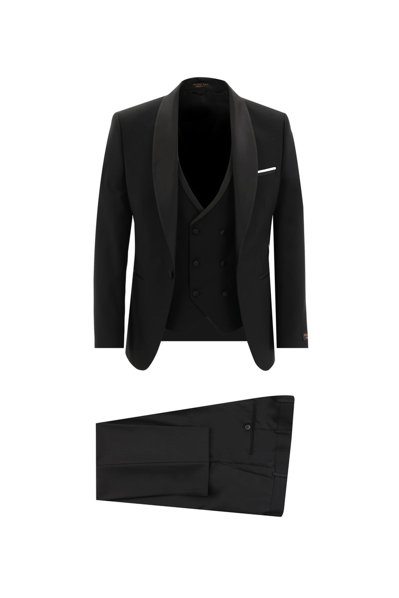 Siyah Slim Fit Dar Kesim Şal Yaka Yelekli Smokin & Damatlık