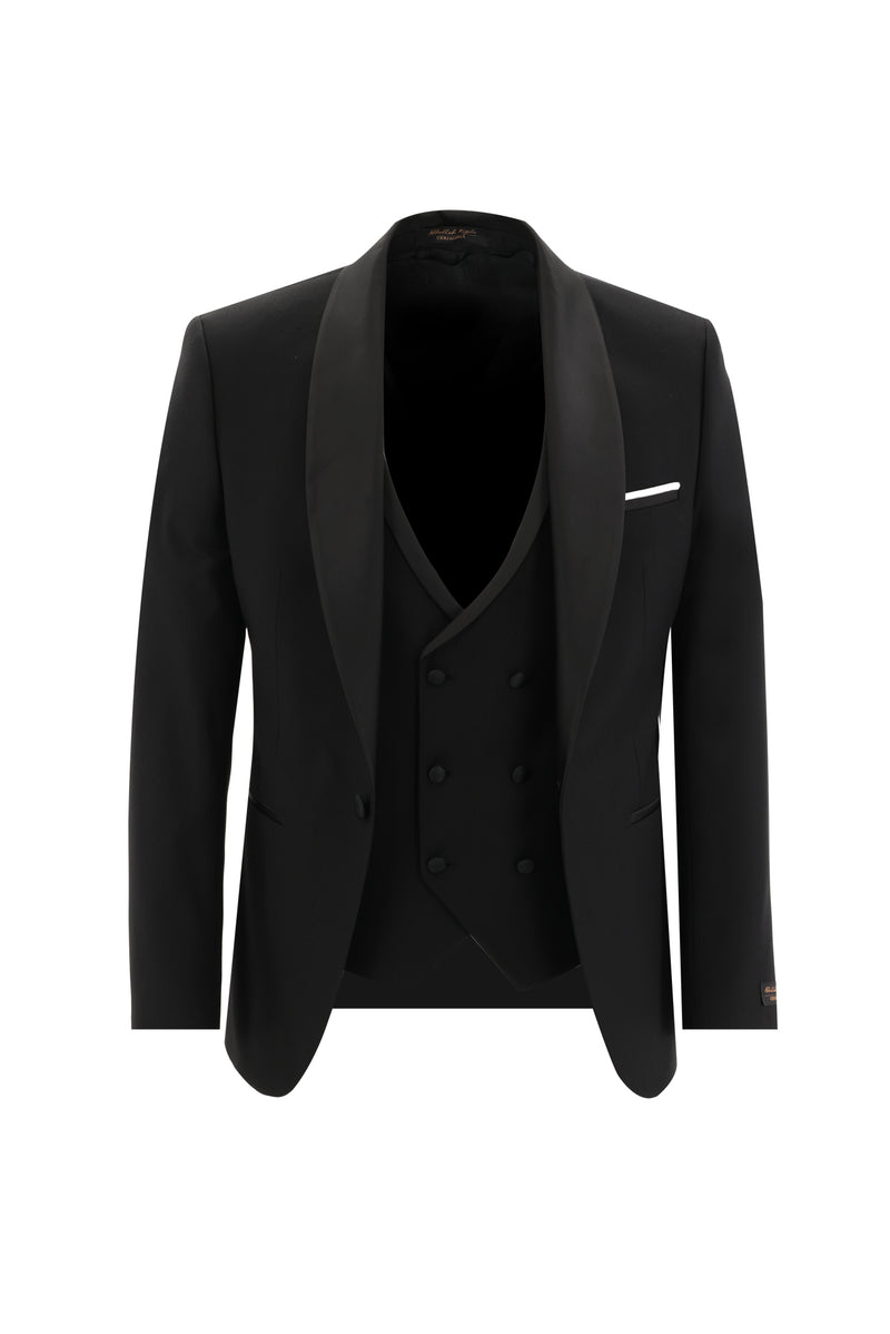 Siyah Slim Fit Dar Kesim Şal Yaka Yelekli Smokin & Damatlık