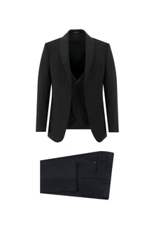 Siyah Slim Fit Dar Kesim Şal Yaka Yelekli Smokin & Damatlık