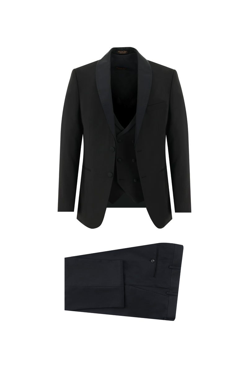 Siyah Slim Fit Dar Kesim Şal Yaka Yelekli Smokin & Damatlık