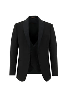 Siyah Slim Fit Dar Kesim Şal Yaka Yelekli Smokin & Damatlık